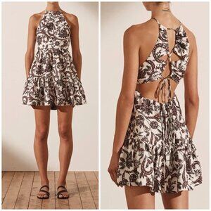 NWT Shona Joy Dahlia Open Back Tiered Linen Mini Dress $270 Cocoa/Ivory Womens 8